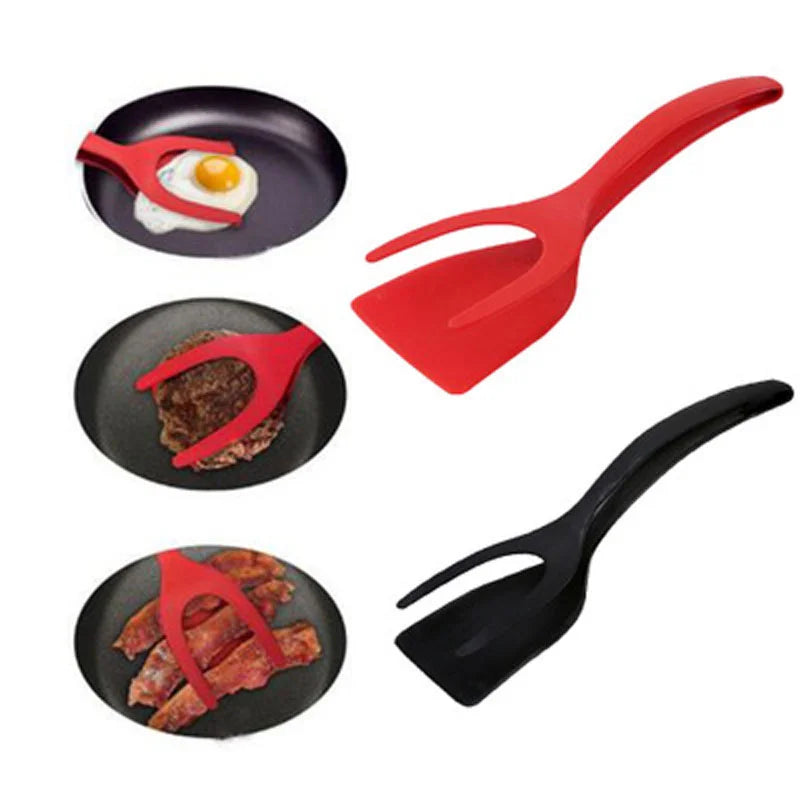 2 in 1 Multifunctional Non-Stick Food Clip Tongs Fried Egg Cooking Turner Pancake Spatula Pizza Barbecue Omelet Kitchen Clamp