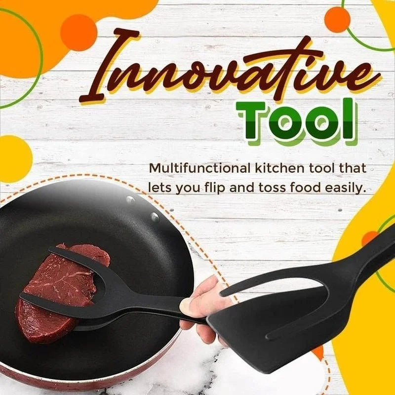 2 in 1 Multifunctional Non-Stick Food Clip Tongs Fried Egg Cooking Turner Pancake Spatula Pizza Barbecue Omelet Kitchen Clamp