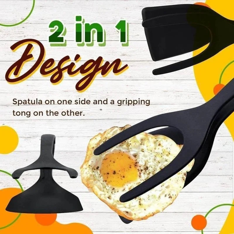 2 in 1 Multifunctional Non-Stick Food Clip Tongs Fried Egg Cooking Turner Pancake Spatula Pizza Barbecue Omelet Kitchen Clamp