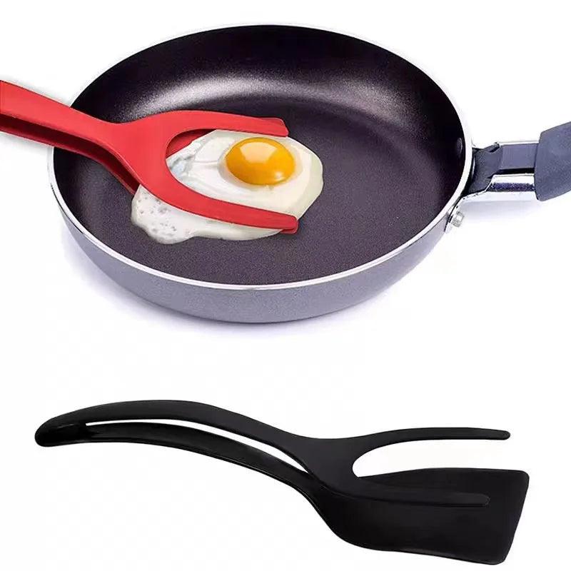 2 in 1 Multifunctional Non-Stick Food Clip Tongs Fried Egg Cooking Turner Pancake Spatula Pizza Barbecue Omelet Kitchen Clamp